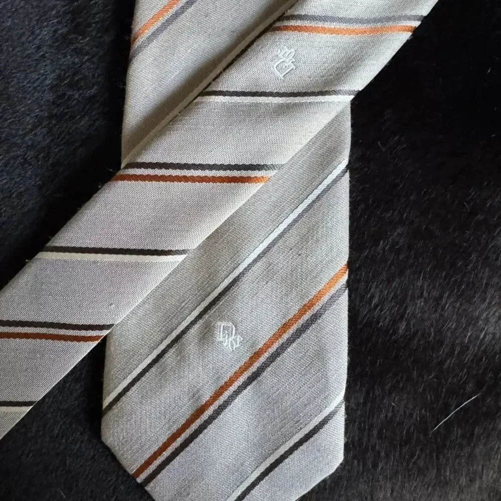 Christian Dior Vintage Stripe Tie Polyester Linen Tan Brown Orange Embroidered